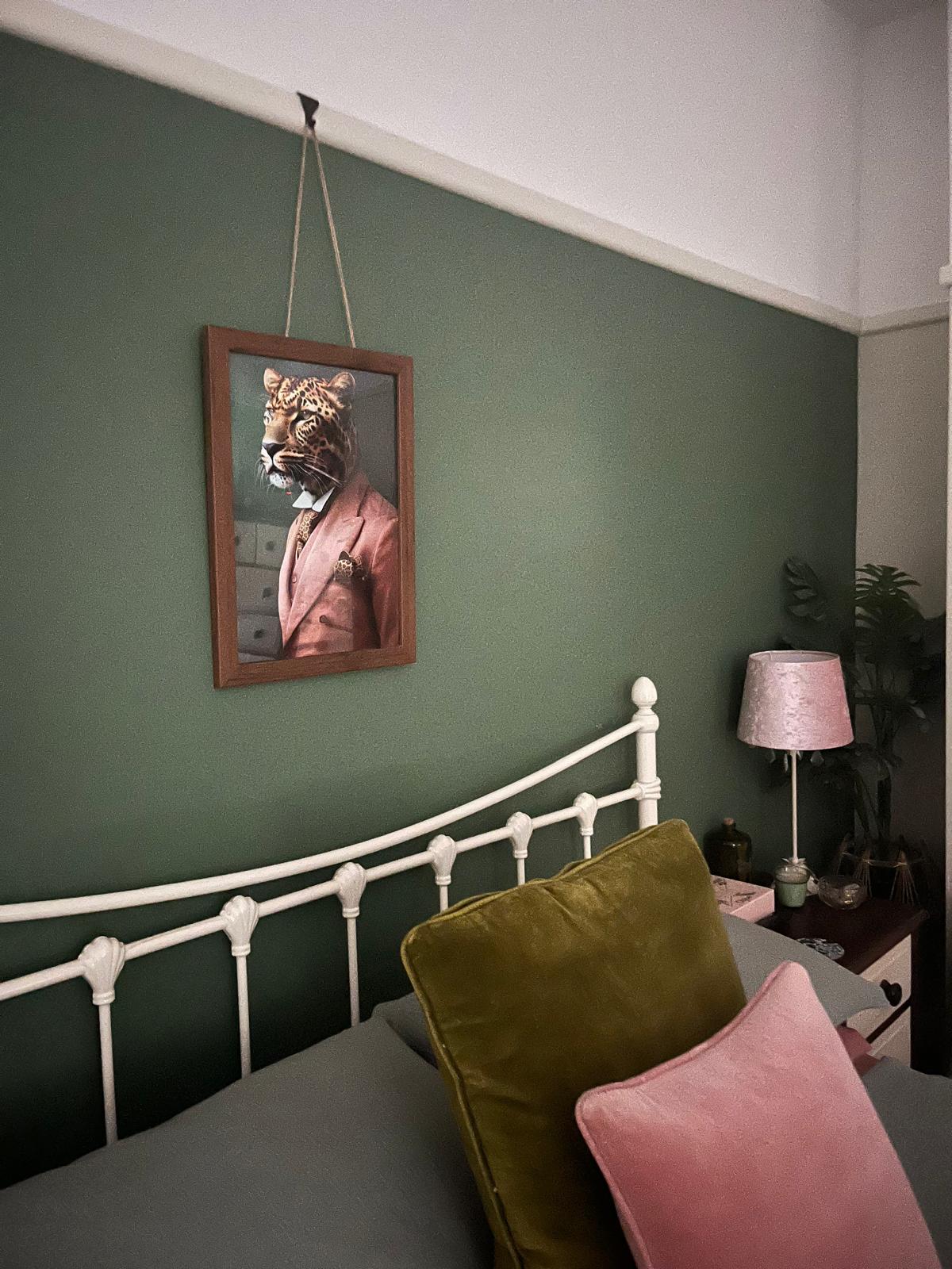 Leopard in Dusty Pink Suit - Green background