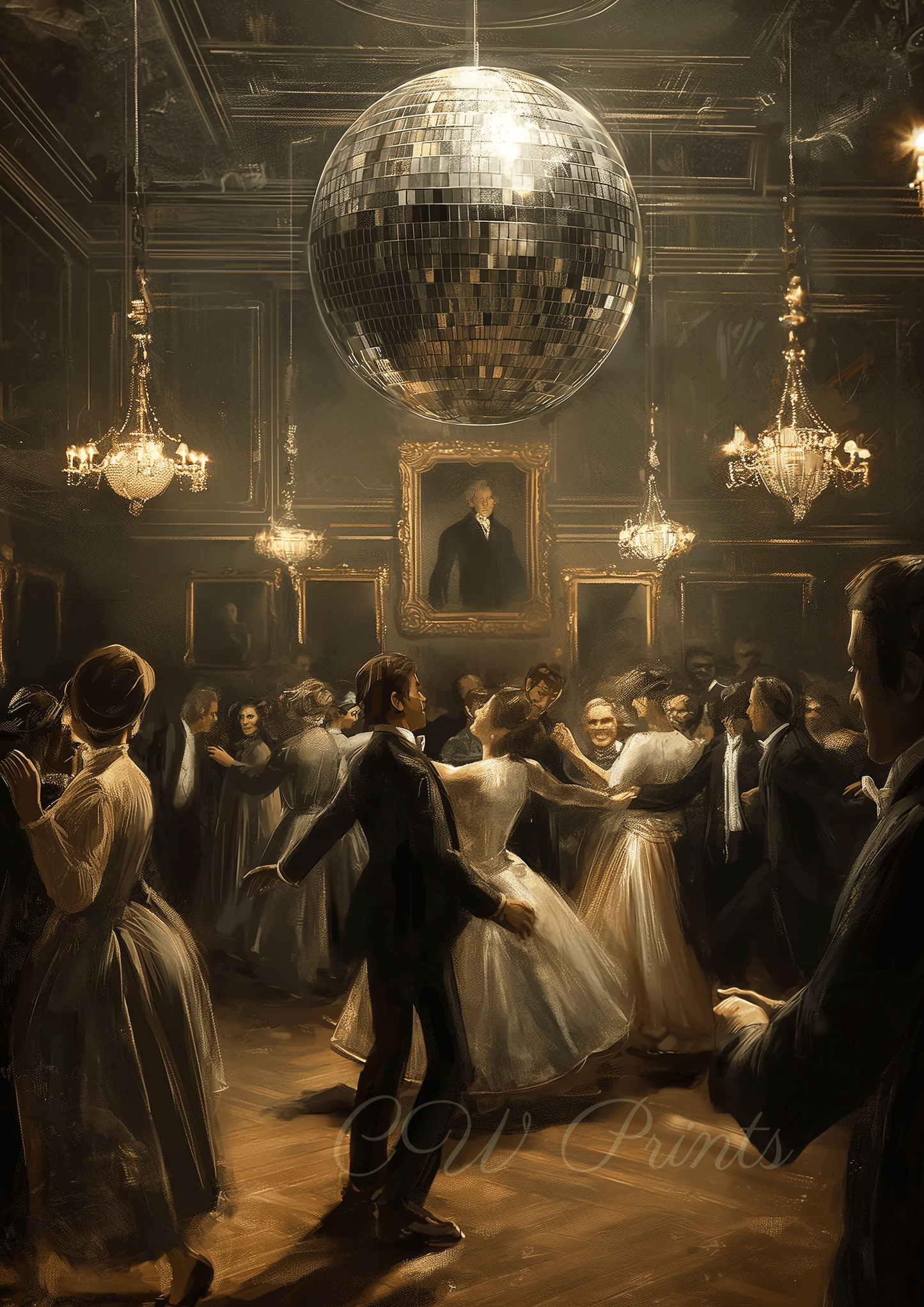Historical Ballroom Dance Print featuring Elegant Attire, Sparkling Disco Ball