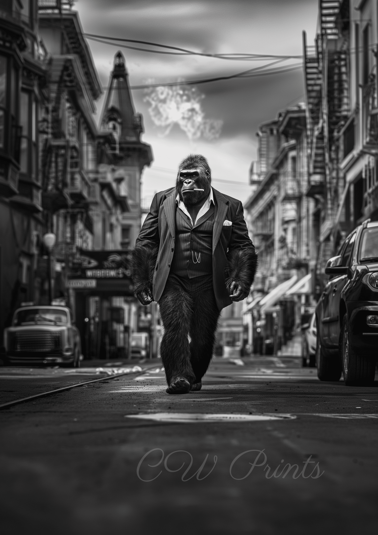 Gorilla walking down the street