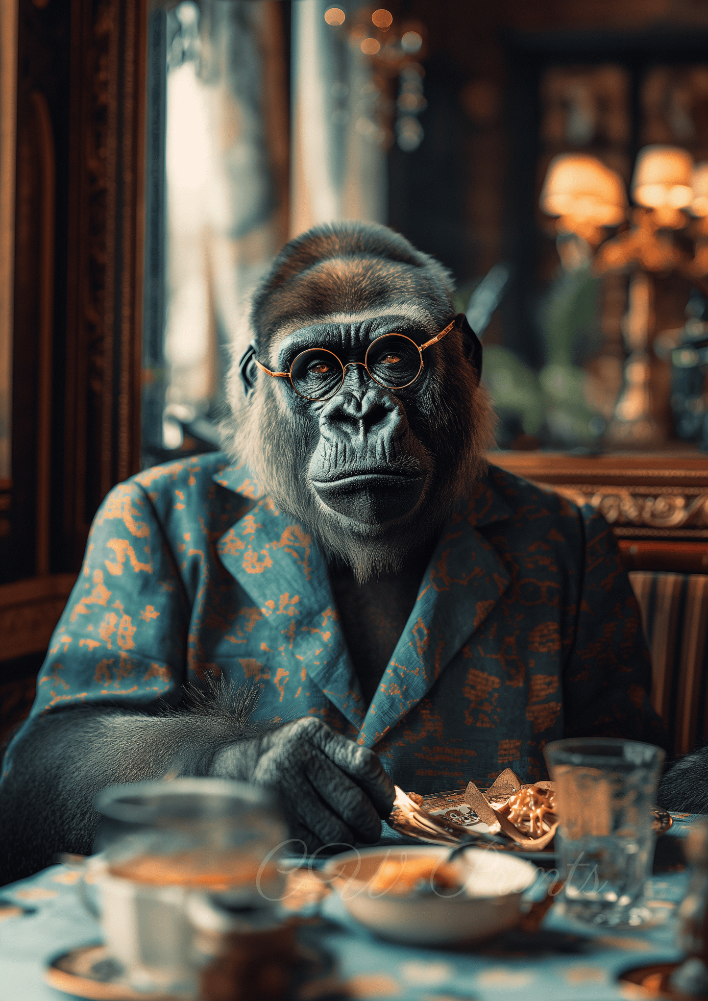 Gorilla eating fancy restaurant