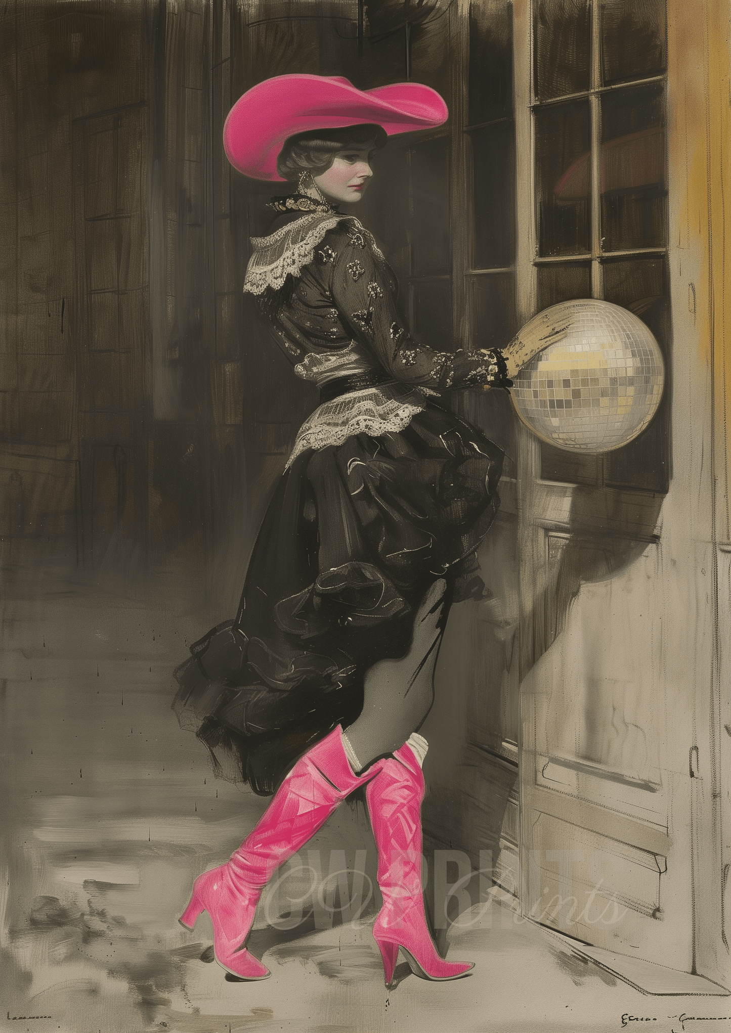 Old Fashioned lady with Disco ball and cowgirl boots