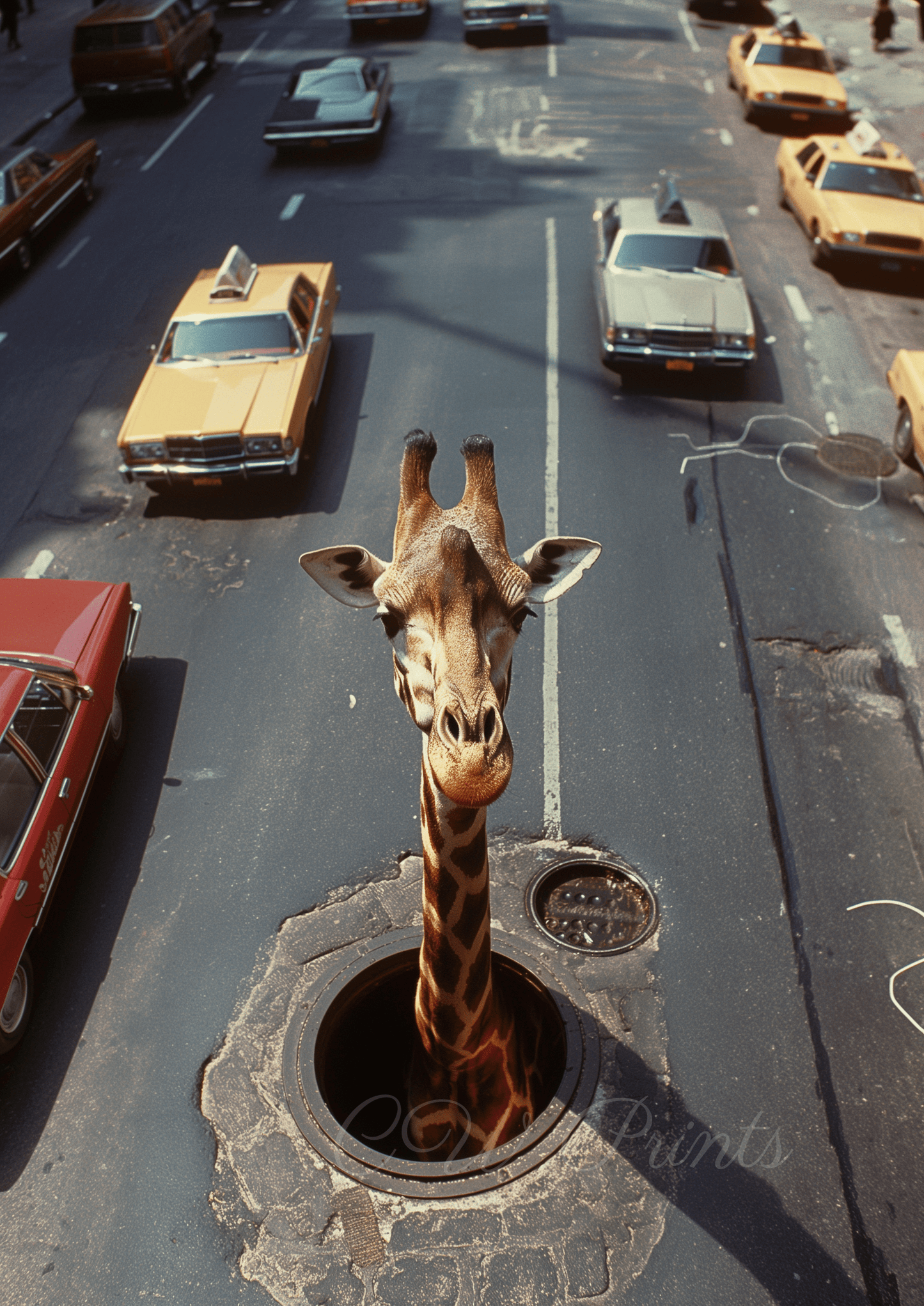 Giraffe poking his head out of a New York Drain