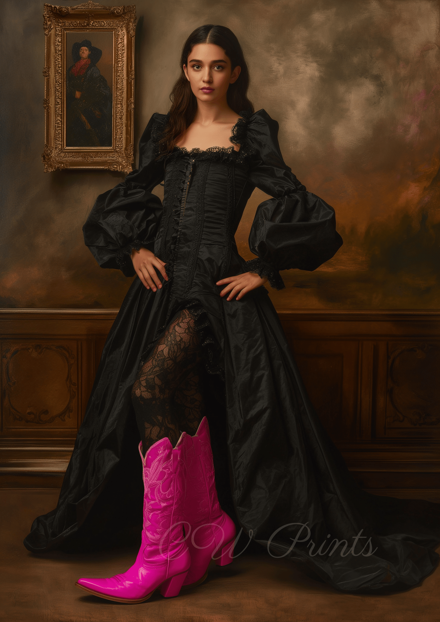 Vintage Inspired Baroness Art Print with Fashionable Pink Cowgirl Boots