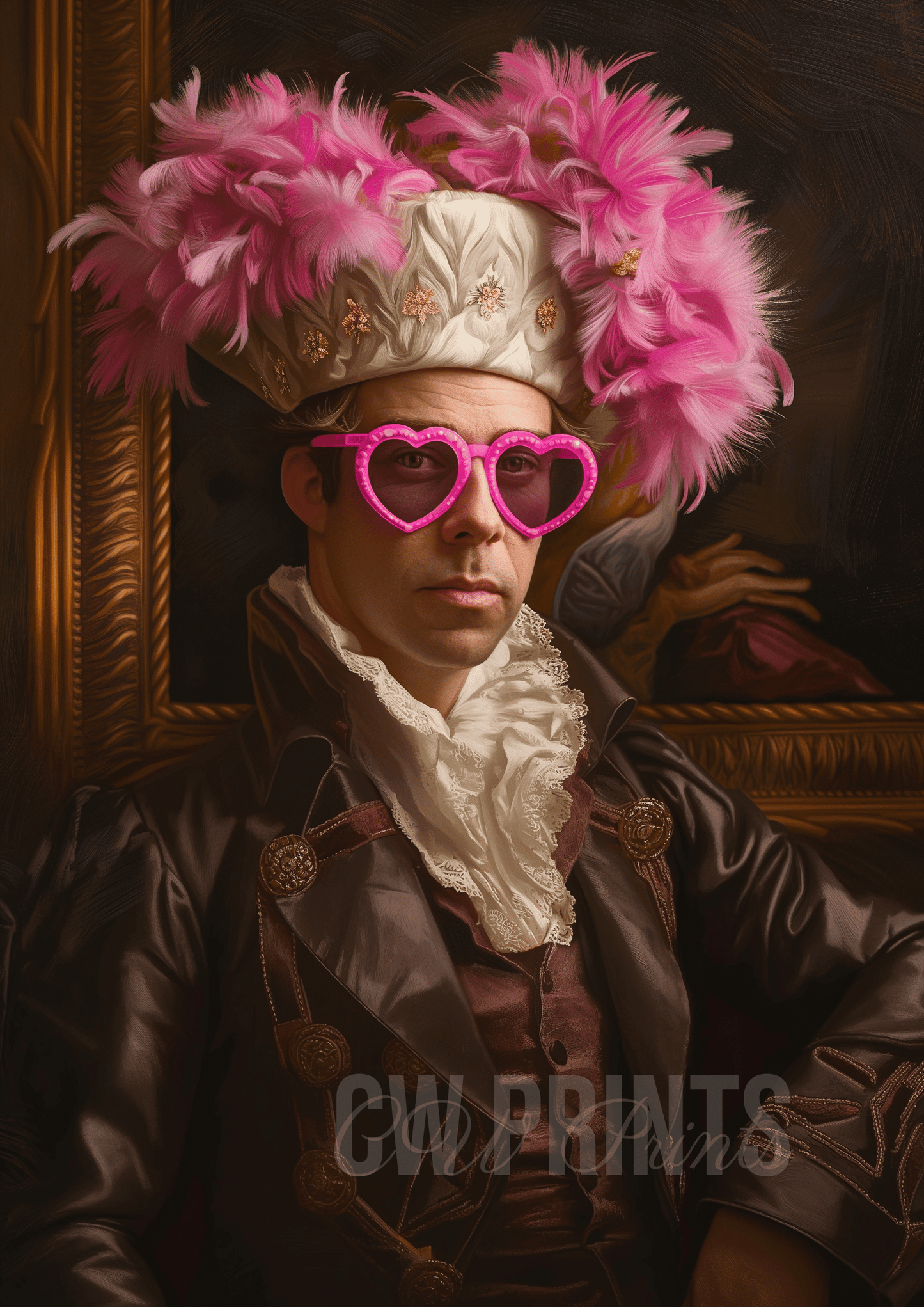 18th Century lord wearing pink love heart glasses