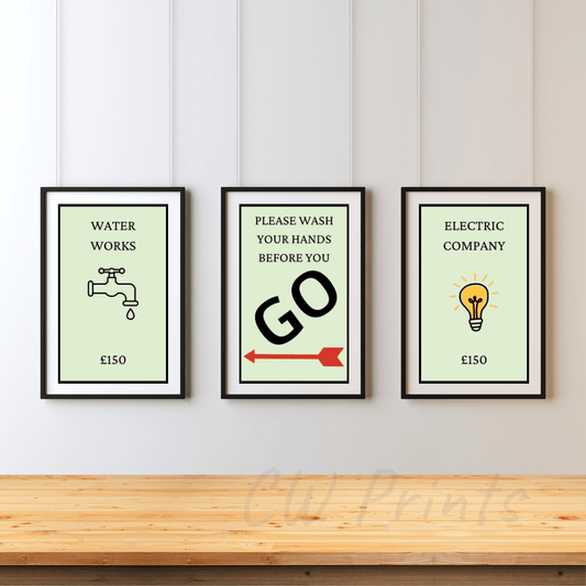 Water Works, Go and Electric Company - Monopoly Style Prints - Pick 1, 2 or all 3