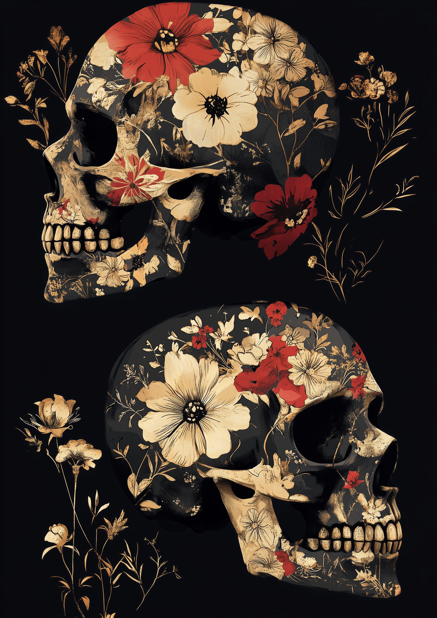 Skull Floral - Dark background, red flowers