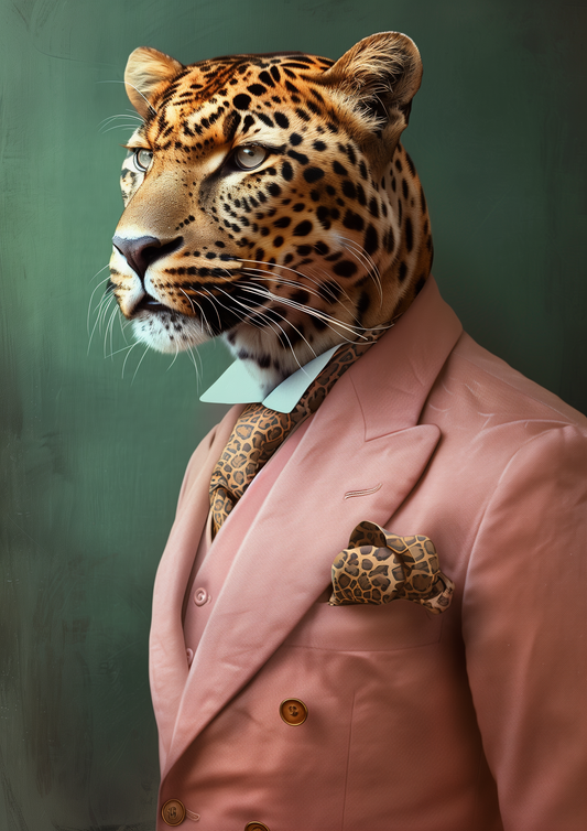 Leopard in Dusty Pink Suit - Green background